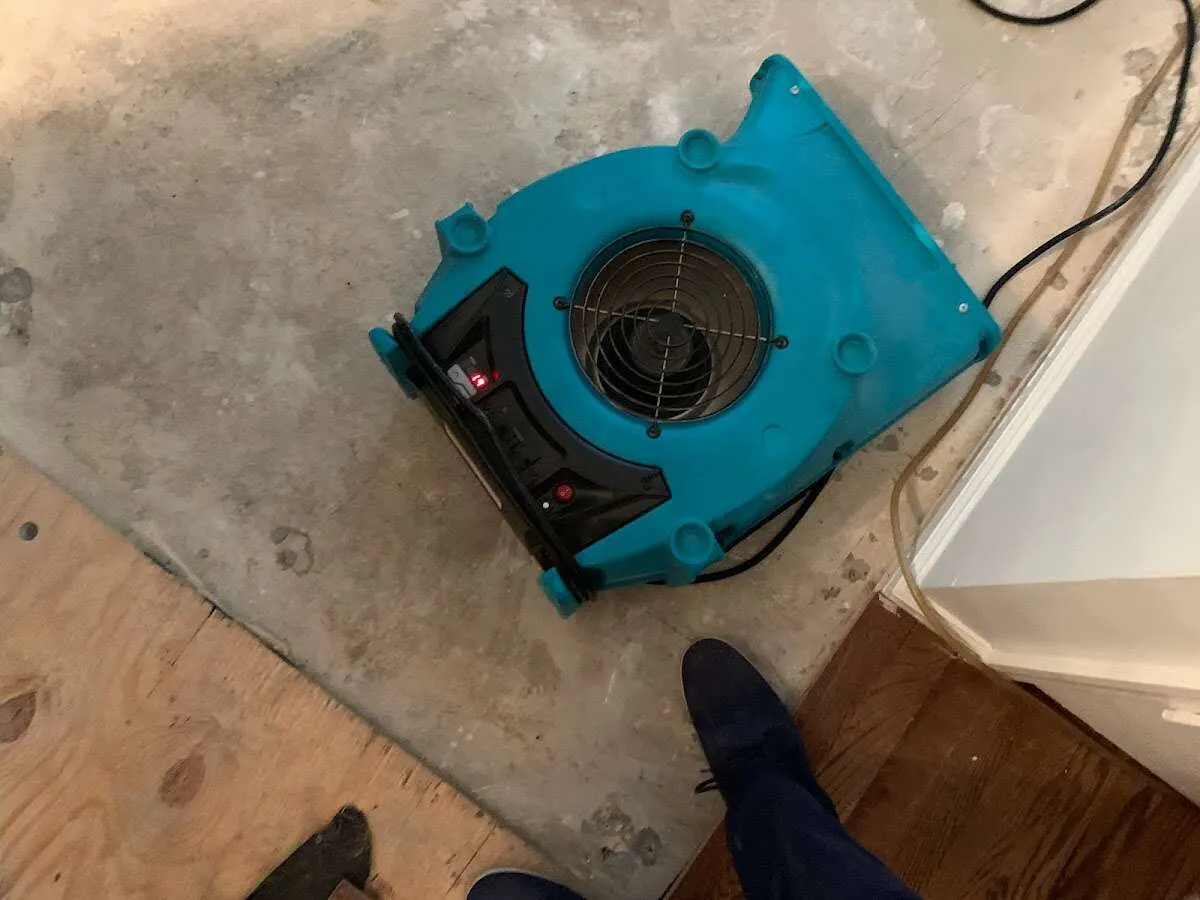 Air mover drying subfloor during Commercial Water Damage Restoration in Cloverly
